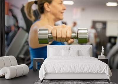 Close-Up Of A Woman's Hand Lifting A Dumbbell Inside The Gym, The Background Is Out Of Focus. Image With Copy Space. Mature Woman Training.  Wall mural