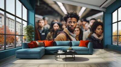 Large group of people standing on the street focusing on a young black man looking at the camera, generative AI Wall mural