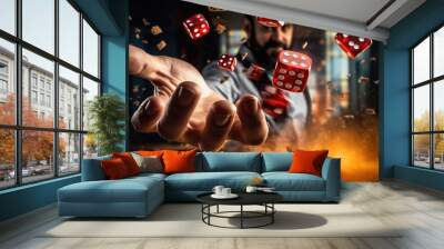 Man Gambling and Throwing Craps at the Casino Table. Betting And Gambling Concept. Generative AI. Wall mural