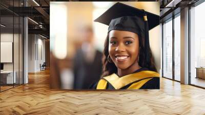 Smiling black woman and graduation, diploma and celebration, university education with success and event. Graduate, certificate and happy student person with future and academic. Generative AI Wall mural