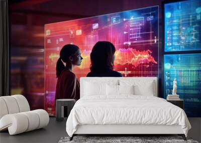 Two business women looking at data in a virtual dashboard screen. Business intelligence analyst dashboard on virtual screen. Generative AI Wall mural