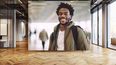 Young African American Entrepreneur Smiling And Happy At The Airport. Image With Copy Space. Generative AI Wall mural