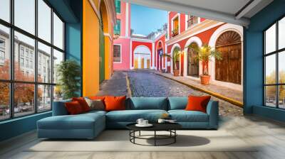 Cobblestone street in Old San Juan, Puerto Rico. Evening view. Wall mural