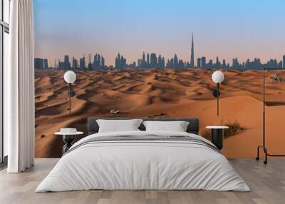 Dubai skyline and desert landscape. Wall mural