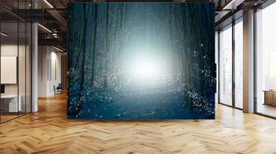 enchanted winter forest with snow, shimmering star lights and mysterious fog. Wall mural