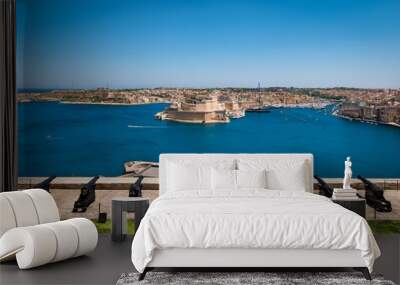 Grand harbor view of Valletta and medieval cannons of the Saluting Battery, Malta.  Wall mural