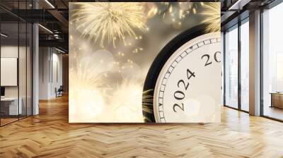 New Year's Eve 2025 concept with clock on gold sparkling background with fireworks and blurred lights.  Wall mural