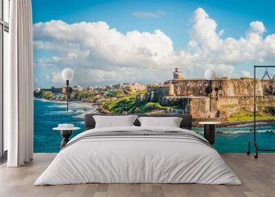 Panoramic landscape of historical castle El Morro along the coastline, San Juan, Puerto Rico. Wall mural