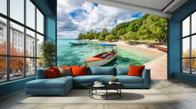 Small motorized boat at the pier and beach of Cayo Levantado Island, Samana Bay, Dominican Republic. Wall mural