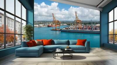 View of Bridgetown harbor with cargo ship, Barbados. Wall mural