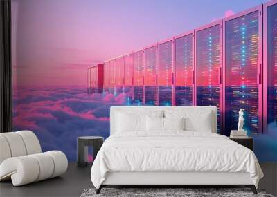  illustration of a data server room above a sea of ​​clouds with an evening sky in the background Wall mural