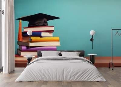 a graduation cap on a pile of books on green background. Generative AI Wall mural