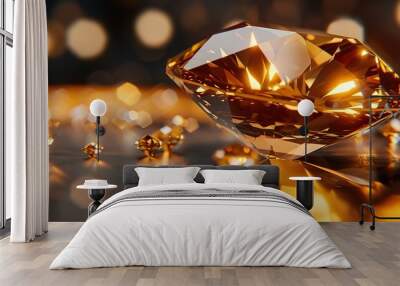 A large, sparkling diamond sits on a dark surface, reflecting the light from a blurred background of other diamonds and bokeh. A symbol of luxury, wealth, and beauty. Wall mural