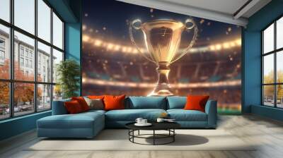 golden cup photographed inside a football stadium at night. generative AI Wall mural