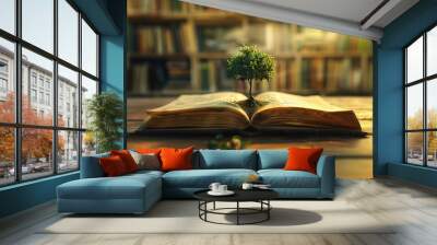 Illustration of a tree growing well above an open book on a table in a room with a bookshelf in the background Wall mural