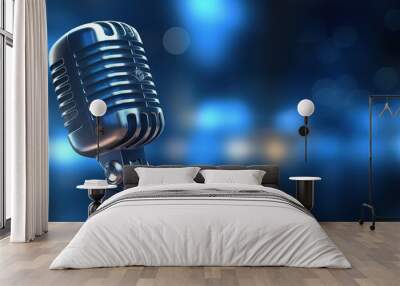 microphone with blurred background on blue wall, vintage microphone on stage with lamp lighting, in uhd image style, bokeh panorama. Generative AI Wall mural