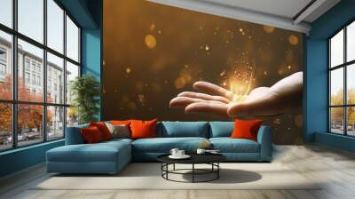 someone who is opening and holding out his hand with a light glitter effect on his hand. generative AI Wall mural