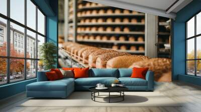 Loafs of bread in a bakery on an automated conveyor belt Wall mural