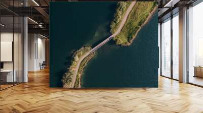 Top down drone shot of a bridge connection two islands together over a river Wall mural