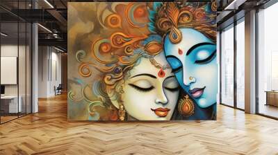 Beautiful Radha Krishna Matt Textured Art Print For Home Decor or radha and krishna hindu couple on abstract decorative background, Generative AI Wall mural