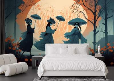 AI generated illustration of female ghosts in dark dresses with creepy faces passing by flowers in garden with umbrellas in hands in evening Wall mural