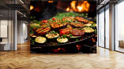 Close-up of grilled vegetables cooking on a barbecue with flames and smoke. Wall mural