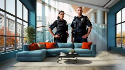 Two police officers with their uniforms standing inside of a building. Wall mural