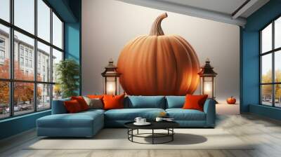  A large, round pumpkin with a modern lantern in the foreground, softly lit, with the backgro  Wall mural