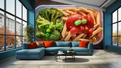  A meal prep container filled with a portion of whole grain pasta, marinara sauce, and a side Wall mural