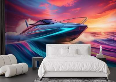  A speed boat cutting through waves at high speed, creating dynamic splashes and wake.  Wall mural