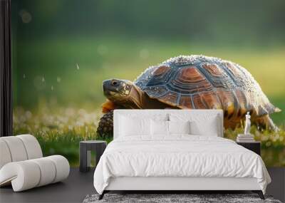  A turtle walking slowly on a grassy field, its shell adorned with tiny droplets of morning d  Wall mural