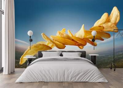  Golden, crispy potato fries flying upward in an arc with clear space in the sky, gently illu Wall mural