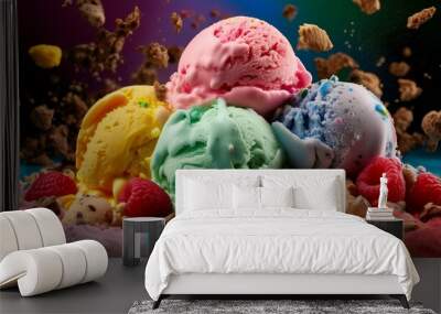  Scoops of vibrant, pastel-colored ice cream in a rainbow array, with chunks of fresh fruit a  Wall mural