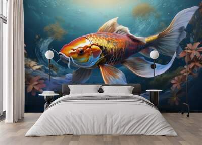  tranquil koi fish swimming in clear water, subtle ripples and reflections, with open space Wall mural