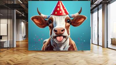 A cartoon cow with an oversized red party hat, head tilted, tongue sticking out in a fun exp Wall mural