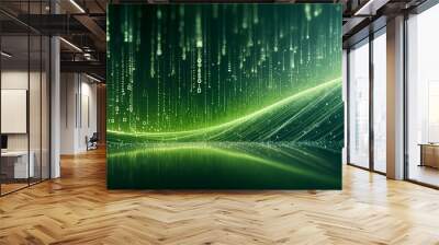 A continuous stream of green binary code (0s and 1s) cascading down a smooth, dark background  Wall mural