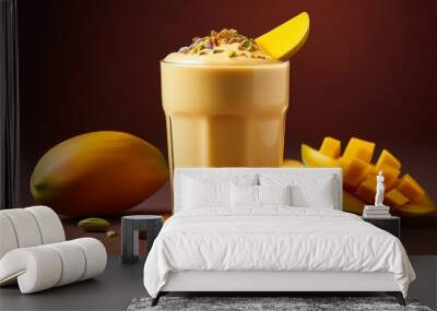 A creamy mango lassi in a glass, topped with a slice of mango and a sprinkle of cardamom, ag Wall mural