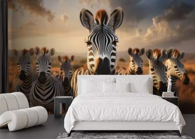 A herd of zebras in the foreground, their black and white stripes creating a striking patter Wall mural