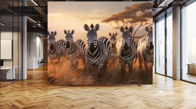 A herd of zebras in the foreground, their black and white stripes creating a striking patter Wall mural