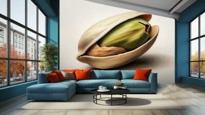 A single opened pistachio, centered on a stark white surface, casting a soft shadow behind i  Wall mural