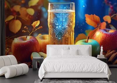 A tall glass of sparkling apple cider with apple slices and cinnamon sticks, condensation  Wall mural