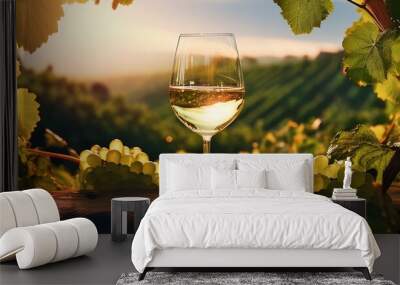 A wine glass filled with white wine nestled amongst the grapevines, with sunlight filtering  Wall mural