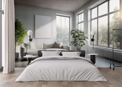 Bright, minimalist loft living room with large floor-to-ceiling windows, a sleek white sofa, Wall mural