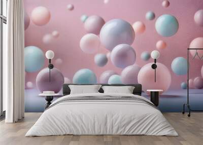 Bubblegum balls in an array of pastel shades, appearing to bounce upward, leaving a soft, pa Wall mural