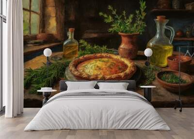 n oil painting of a warm, rustic kitchen with a freshly baked savory pie on a wooden table, Wall mural