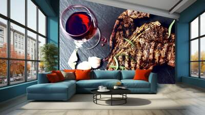 Steak with spices and glass of red wine Wall mural