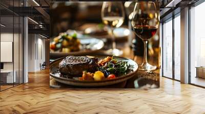 A plate of food and a wine glass on a table, with a variety of food, a steak. Wall mural