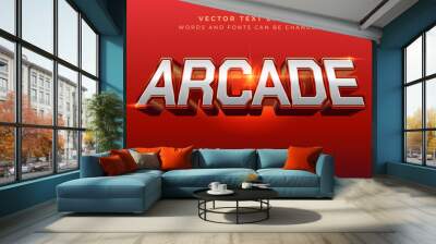 Vector Editable 3D silver arcade text effect. Perspective game action graphic style on red background Wall mural