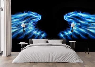 Neon glowing abstract blue angel wings. Isolated, strewn with sparks on dark, black background. Happy Valentines day, attributes. Vector illustration Wall mural