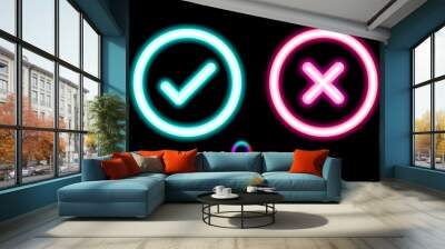 Neon set blue lamp checkmark with pink crosshair icons in a circle. Tick, cross symbols. Modern ui. Fluorescent design for dark, black banner, background. Vector luminescent illumination illustration Wall mural